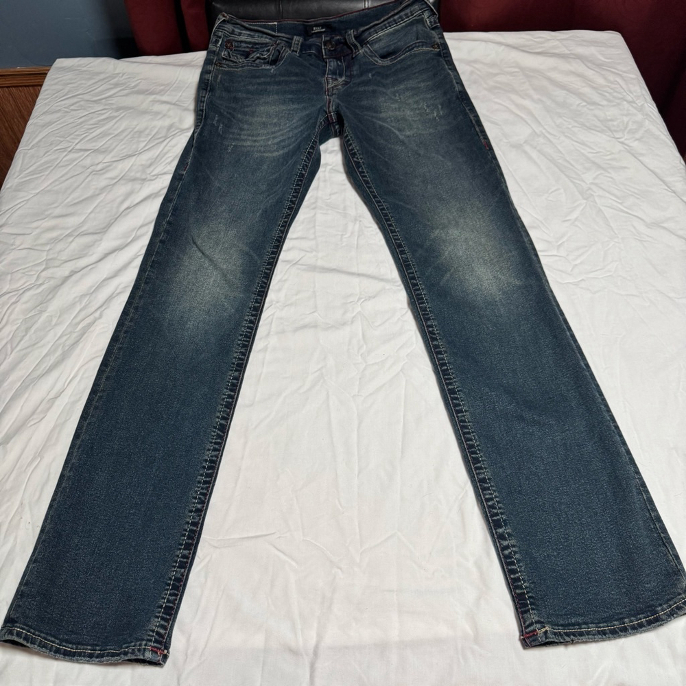 Men's True Religion Ricky Straight Jeans Waist 30 Blue with Red Stitching #90